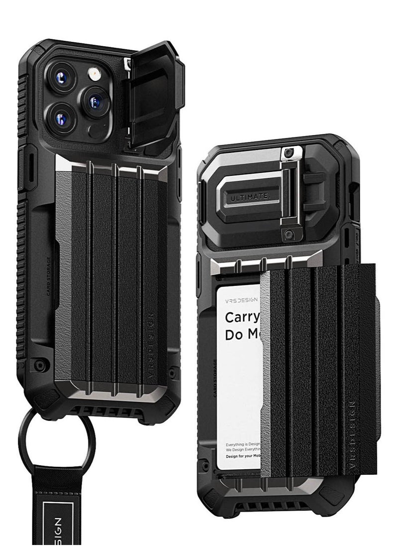 VRS Design Damda Glide Ultimate for iPhone 15 Pro MAX Case Cover Wallet [Semi Automatic] Slider Credit Card Holder Slot [4 Cards] & Camera Lens Protector Kickstand - Black  - Image 1