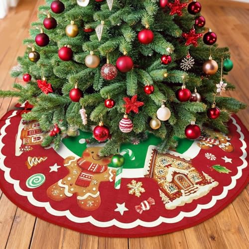 Mocsicka Christmas Tree Skirt 48 Inch Gingerbread House Xmas Tree Skirt Decoration Winter Xmas Holiday Ornaments Home Party Decorations Green 48x48 inch - Image 1