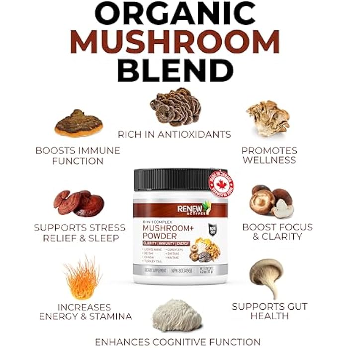 Renew Actives Renew ActivRenew Actives Mushroom Plus - Adaptogen & Antioxidant Blend - Supports Energy, Stress Relief & Immune Health - 2.2g Scoop, 120 Servings - Image 4