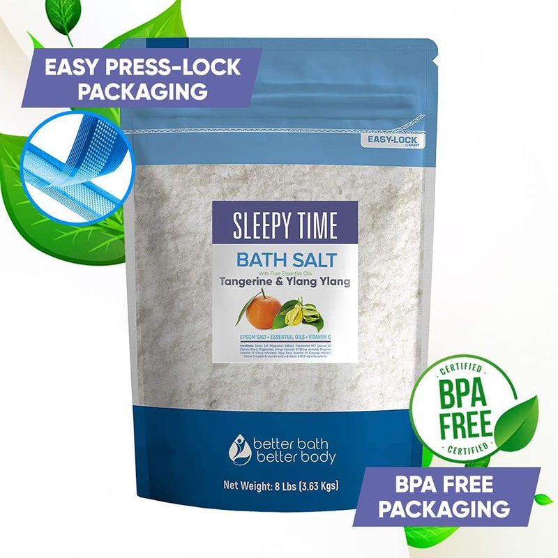 Better Bath Better Body Sleepy Time Bath Salt 128 Ounces 8 Lbs Epsom Salt with Natural Tangerine and Ylang Ylang Essential Oils Plus Vitamin C in BPE Free Bulk Size Pouch with Easy Press Lock Seal Made in USA - Image 3