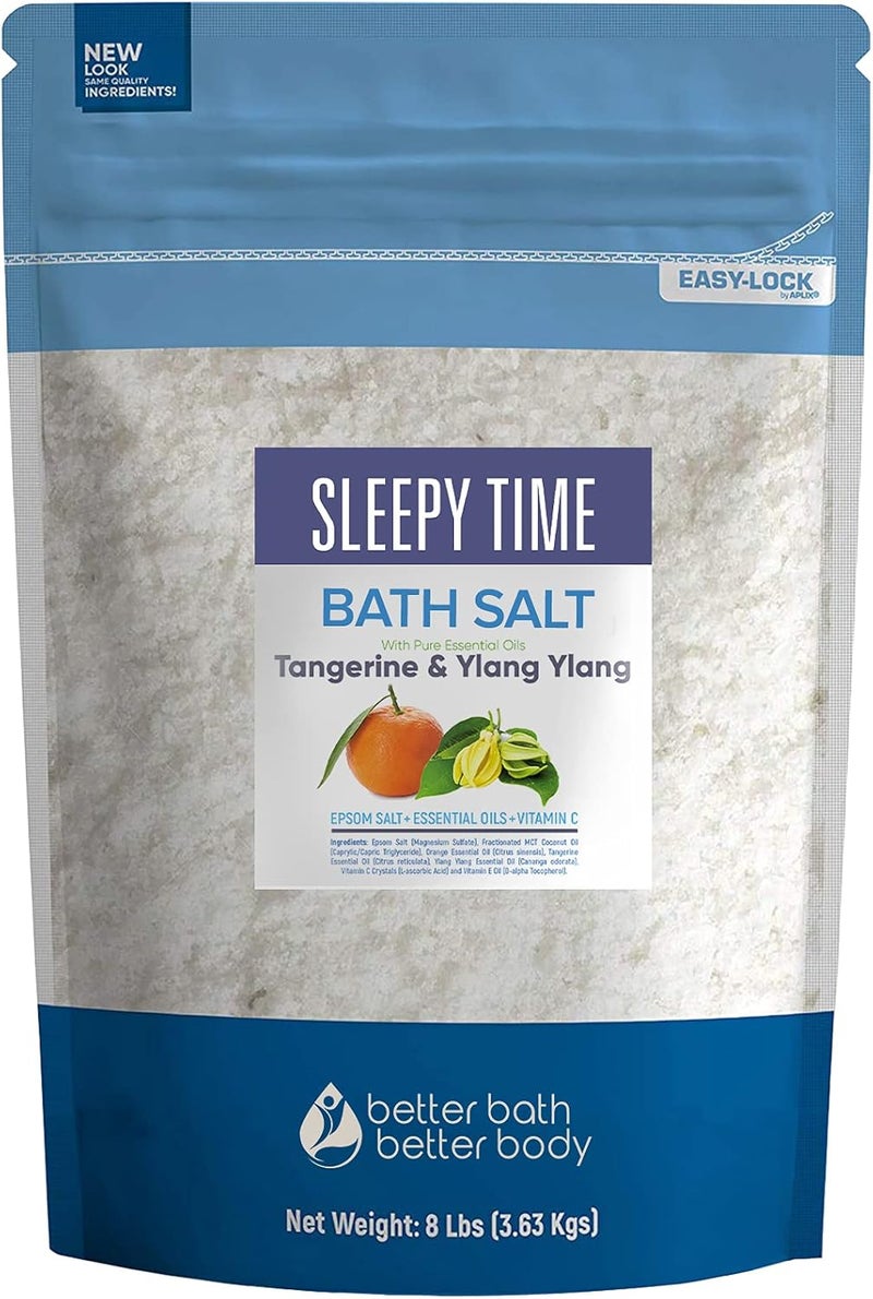 Better Bath Better Body Sleepy Time Bath Salt 128 Ounces 8 Lbs Epsom Salt with Natural Tangerine and Ylang Ylang Essential Oils Plus Vitamin C in BPE Free Bulk Size Pouch with Easy Press Lock Seal Made in USA - Image 1