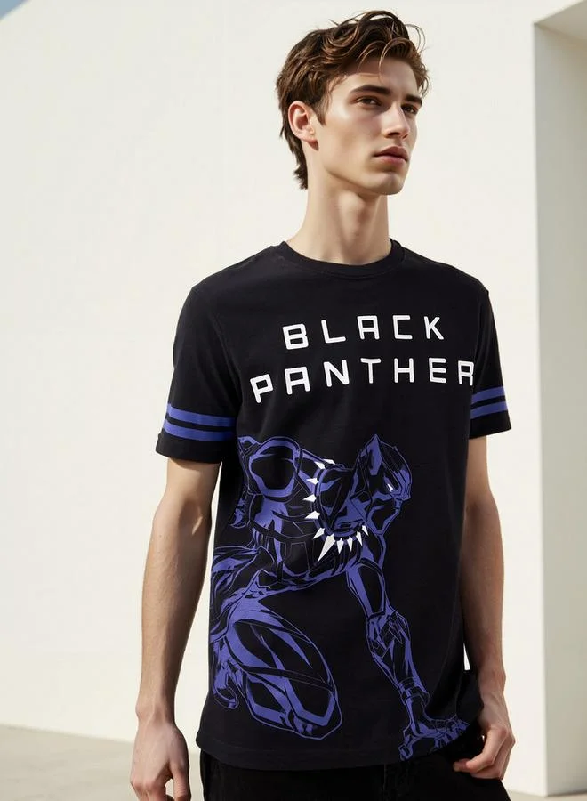 Splash FAV Black Panther Print T-shirt with Crew Neck and Short Sleeves