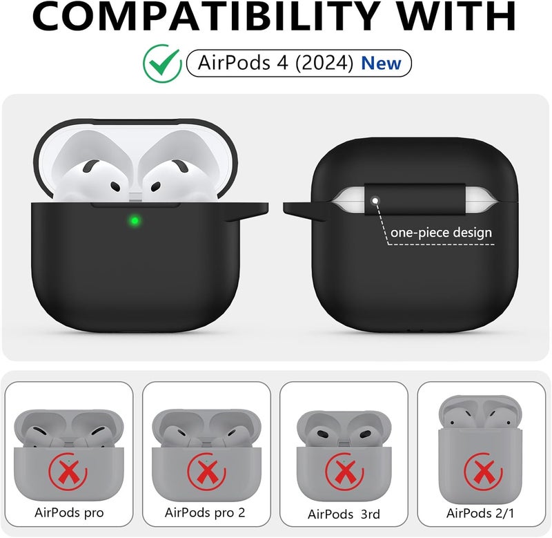 Ljusmicker Soft Silicone Protective Case for AirPods 4th Generation with Cleaner Kit and Keychain - Black - Image 2