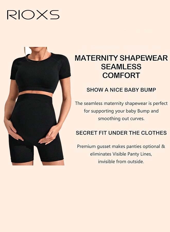 RIOXS Maternity Shapewear Set, Women's Short Sleeve Compression Tops and Seamless Gym Shorts, Comfy Athletic Crop Tops, Elastic Pregnancy Workout Shorts, Belly Support Maternity Shapewear Set, Prevent Thigh Chaffing, Black Pregnancy Sets  - Image 5