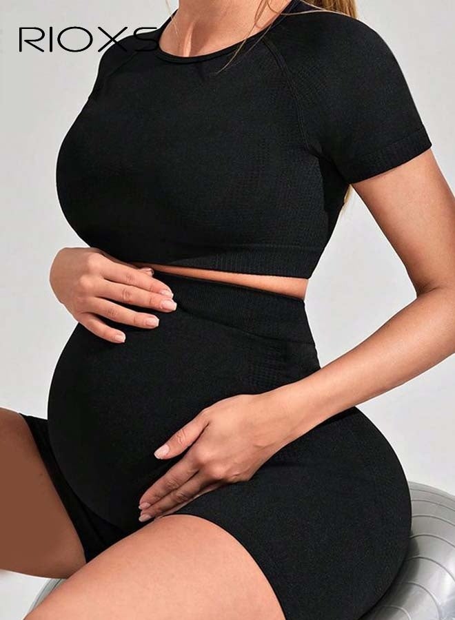 RIOXS Maternity Shapewear Set, Women's Short Sleeve Compression Tops and Seamless Gym Shorts, Comfy Athletic Crop Tops, Elastic Pregnancy Workout Shorts, Belly Support Maternity Shapewear Set, Prevent Thigh Chaffing, Black Pregnancy Sets  - Image 2