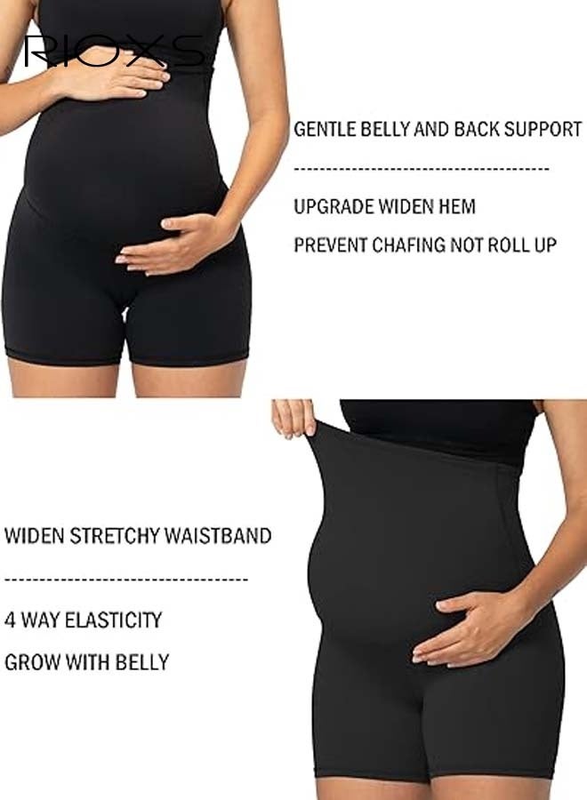 RIOXS Maternity Shapewear Set, Women's Short Sleeve Compression Tops and Seamless Gym Shorts, Comfy Athletic Crop Tops, Elastic Pregnancy Workout Shorts, Belly Support Maternity Shapewear Set, Prevent Thigh Chaffing, Black Pregnancy Sets  - Image 3
