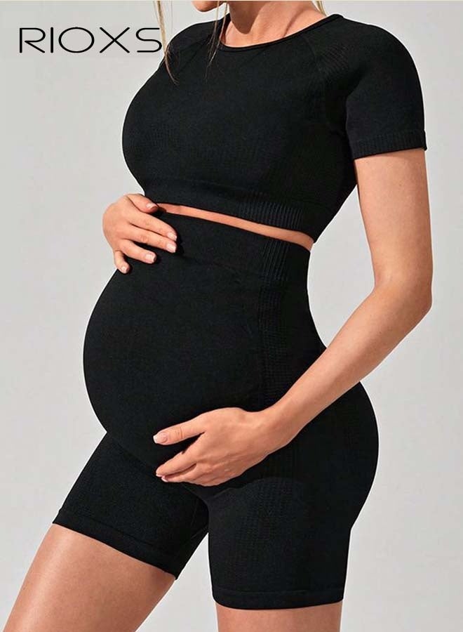 RIOXS Maternity Shapewear Set, Women's Short Sleeve Compression Tops and Seamless Gym Shorts, Comfy Athletic Crop Tops, Elastic Pregnancy Workout Shorts, Belly Support Maternity Shapewear Set, Prevent Thigh Chaffing, Black Pregnancy Sets  - Image 1