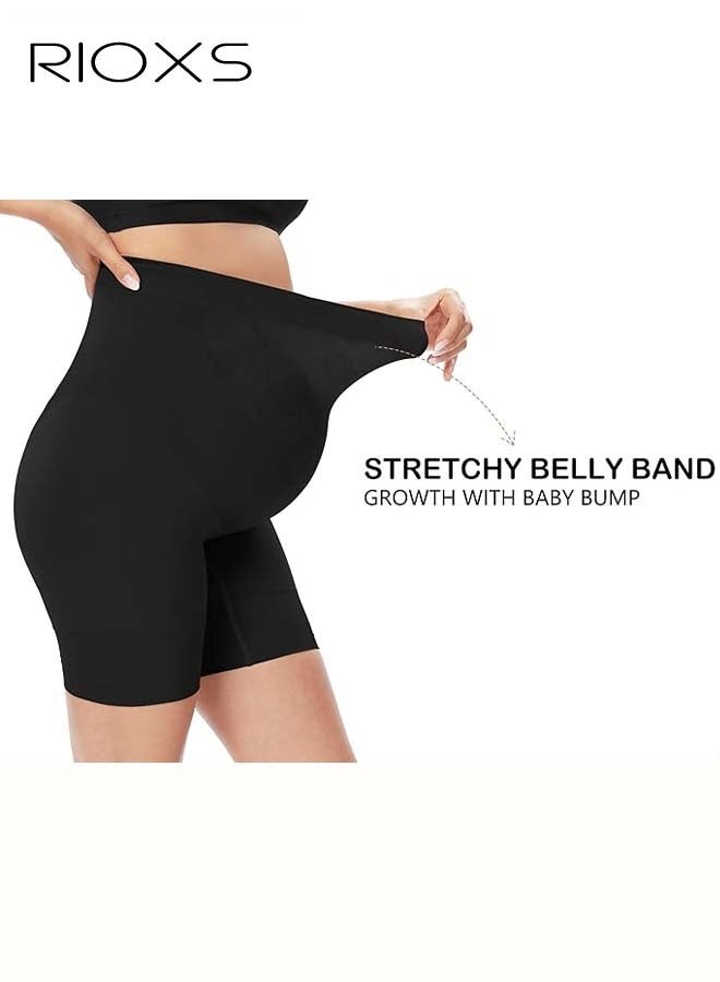 RIOXS Maternity Shapewear Set, Women's Short Sleeve Compression Tops and Seamless Gym Shorts, Comfy Athletic Crop Tops, Elastic Pregnancy Workout Shorts, Belly Support Maternity Shapewear Set, Prevent Thigh Chaffing, Black Pregnancy Sets  - Image 4