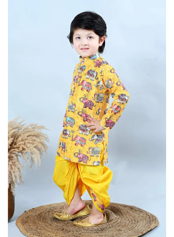 BT DEZINES Boys Yellow Cotton Silk Animal Print Kurta & Dhoti Set