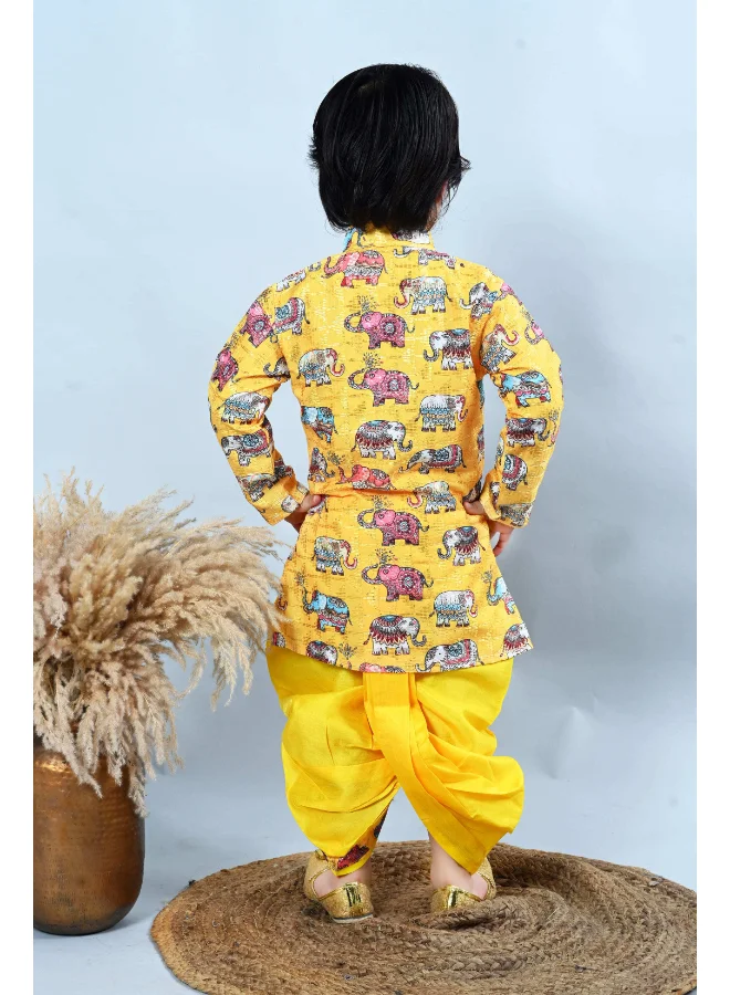 BT DEZINES Boys Yellow Cotton Silk Animal Print Kurta & Dhoti Set