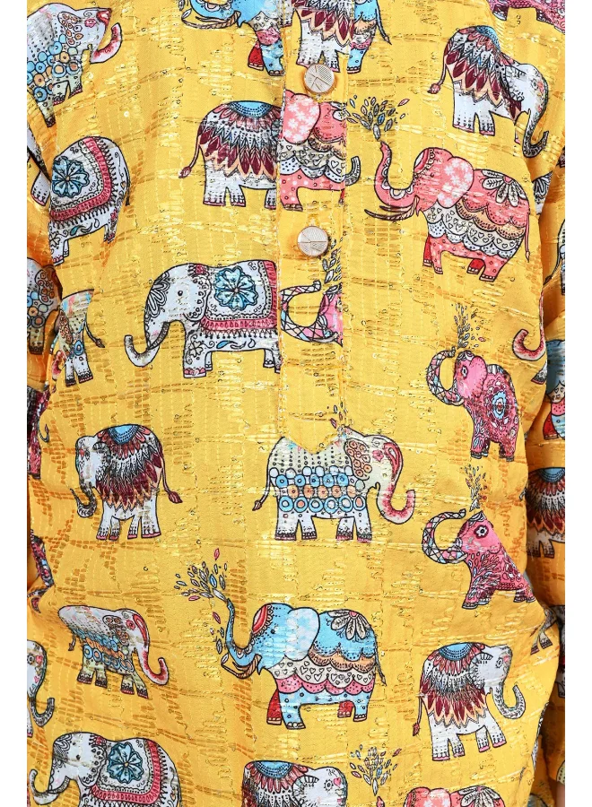 BT DEZINES Boys Yellow Cotton Silk Animal Print Kurta & Dhoti Set