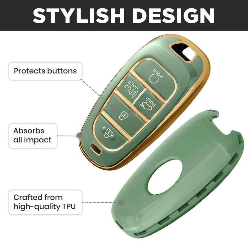 Lucrum Compatible with Hyundai Key Fob Cover & Leather Keychain, Keyfob Case for Santa Fe, Sonata, Tucson, Grandeur, Ioniq 5, Palisade, Nexo - For 5 Button Remote (2019-2025) - Green and Gold - Image 5