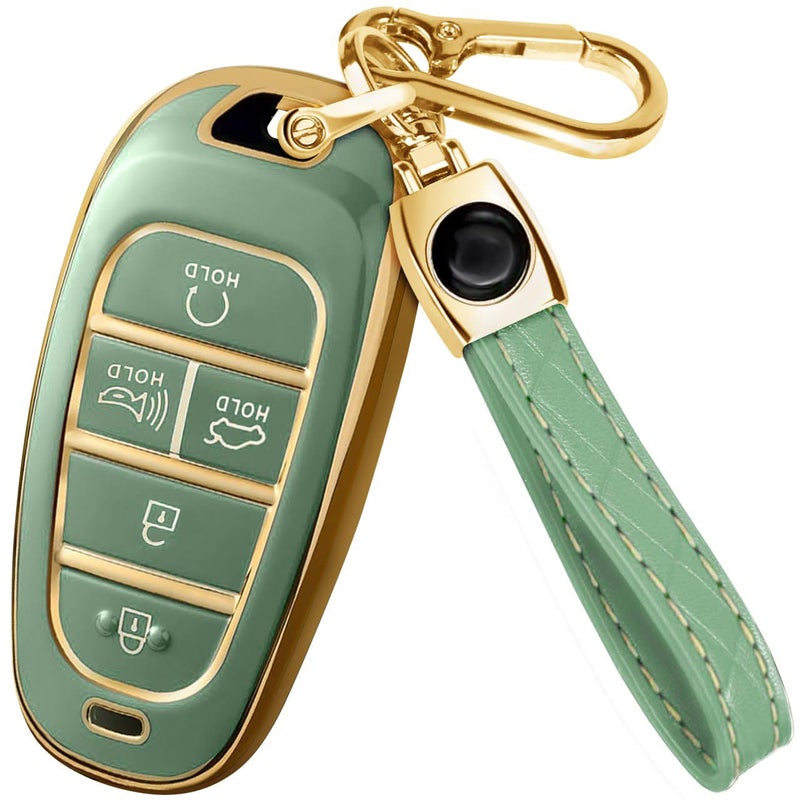 Lucrum Compatible with Hyundai Key Fob Cover & Leather Keychain, Keyfob Case for Santa Fe, Sonata, Tucson, Grandeur, Ioniq 5, Palisade, Nexo - For 5 Button Remote (2019-2025) - Green and Gold - Image 1