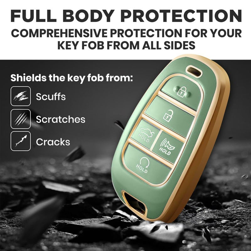Lucrum Compatible with Hyundai Key Fob Cover & Leather Keychain, Keyfob Case for Santa Fe, Sonata, Tucson, Grandeur, Ioniq 5, Palisade, Nexo - For 5 Button Remote (2019-2025) - Green and Gold - Image 3