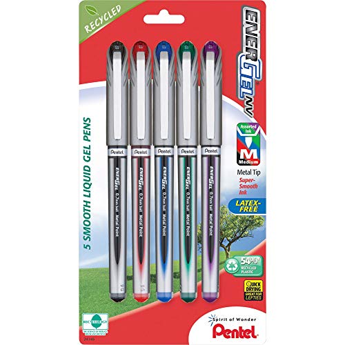 Pentel EnerGel NV Gel Ink Pen, Medium Point, Metal Tip, Assorted Ink, 5 Pack (BL27BP5M) - Image 1