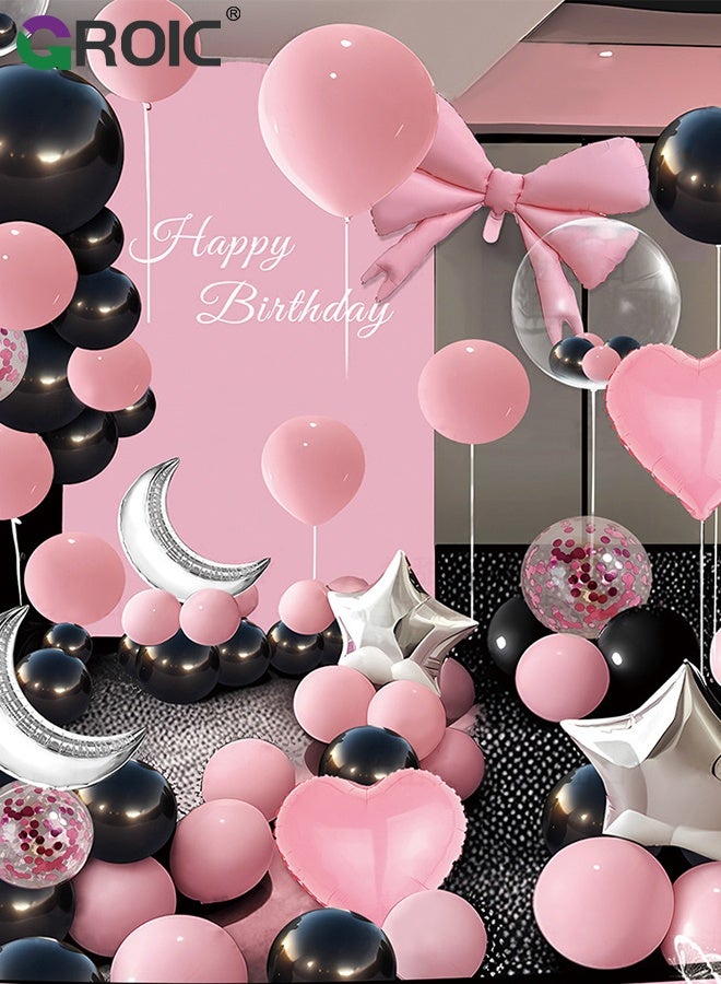 GROIC طقم بالونات أسود ووردي، بالونات عيد الميلاد مع رباط، قمر، قلب ونجمة، طقم قوس بالونات، طقم زينة بالونات لزينة عيد الميلاد، حفلات استقبال المواليد، الزفاف والاحتفالات - Image 1