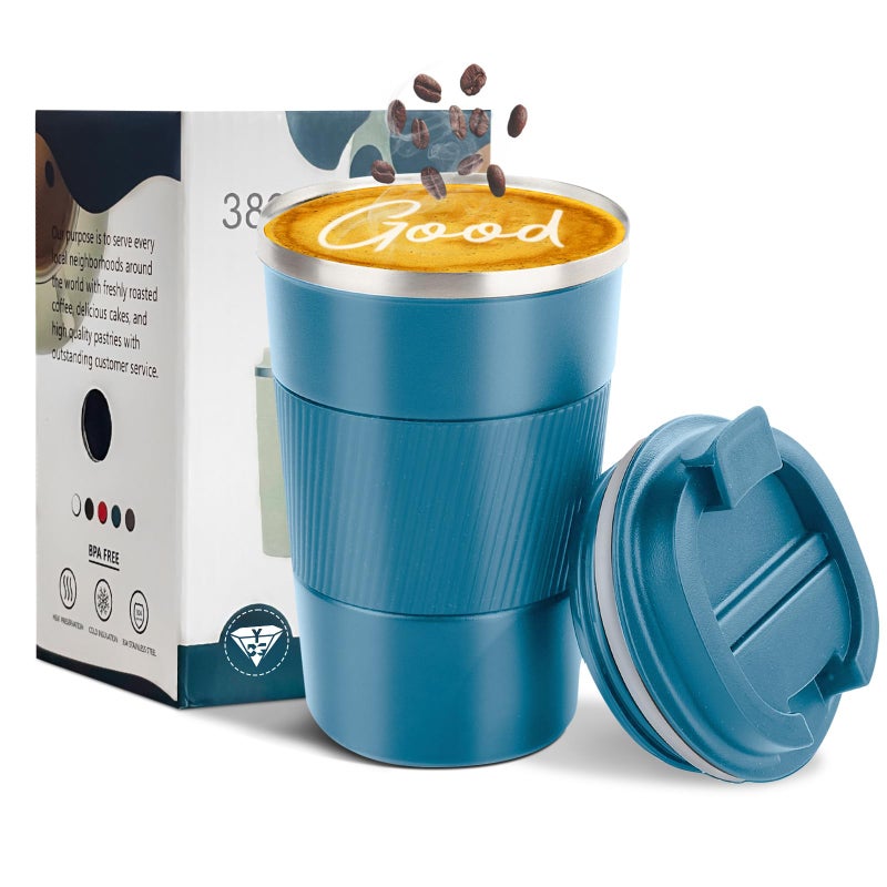 YINBAOGE Insulated Travel Coffee Mug Spill Leak Proof Portable To Go Camping Stainless Steel Coffee Tumbler Reusable Thermal Coffee Cup with Lid for Hot Cold Drinks Blue 12 OZ