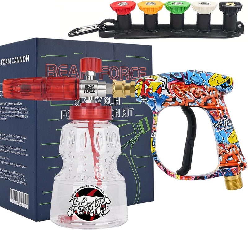 BEAR FORCE 1/4" Quick Release Pressure Washer Snow Foam Cannon Lance Gun-1L Bottle, 5 Color Nozzles Tips, and Adjustable Foam Lance Gun, Water Gun M22-14mm, Perfect for Car Wash and Courtyard Cleaning - Image 1