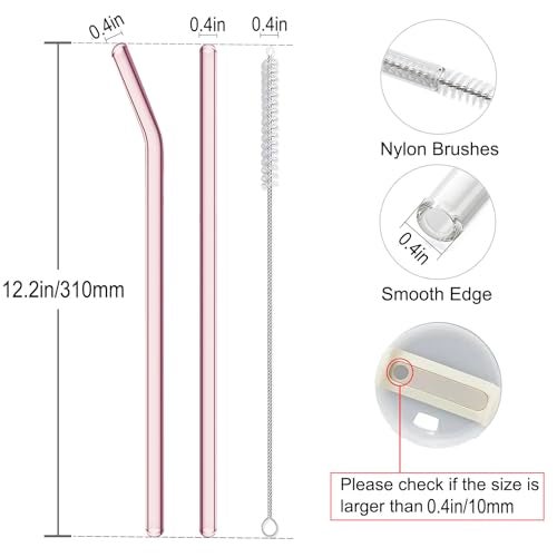 CteaTs Replacement Straw Compatible with Stanley 40 oz Tumbler Straws, 6 Pcs Reusable Straws with Cleaning Brush, Long Glass Straw for Stanley Accessories, Pink - Image 2
