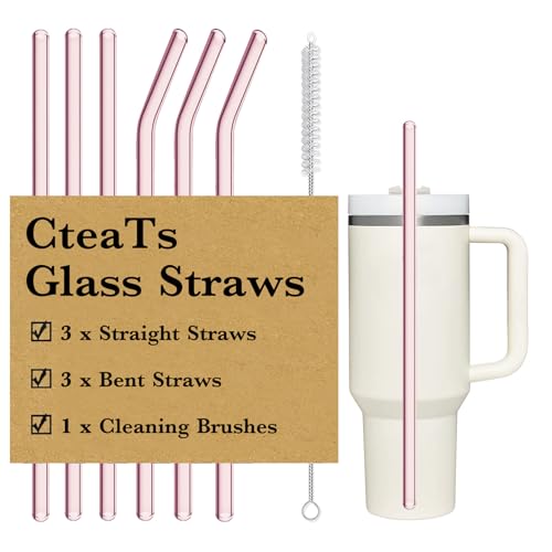 CteaTs Replacement Straw Compatible with Stanley 40 oz Tumbler Straws, 6 Pcs Reusable Straws with Cleaning Brush, Long Glass Straw for Stanley Accessories, Pink - Image 1