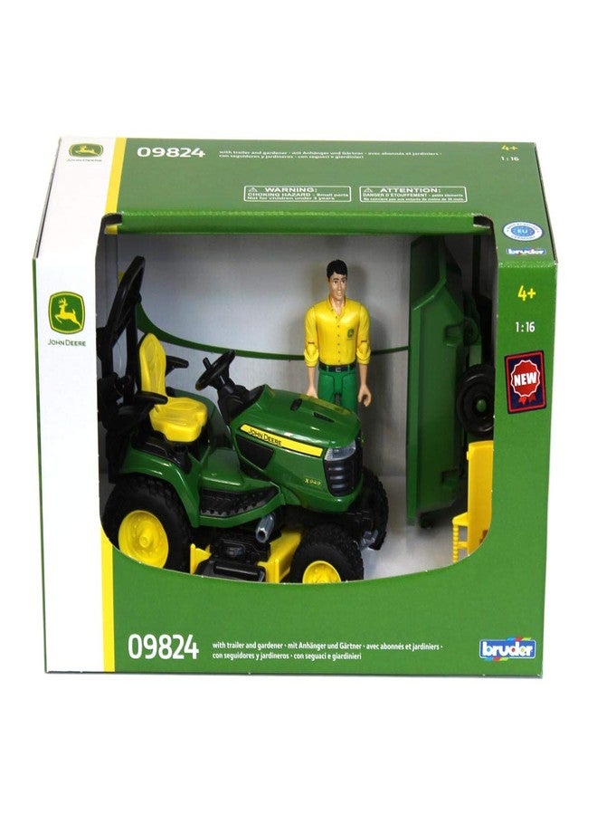 Bruder 09824 bworld John Deere Lawn Tractor w Trailer and Gardener - Image 5