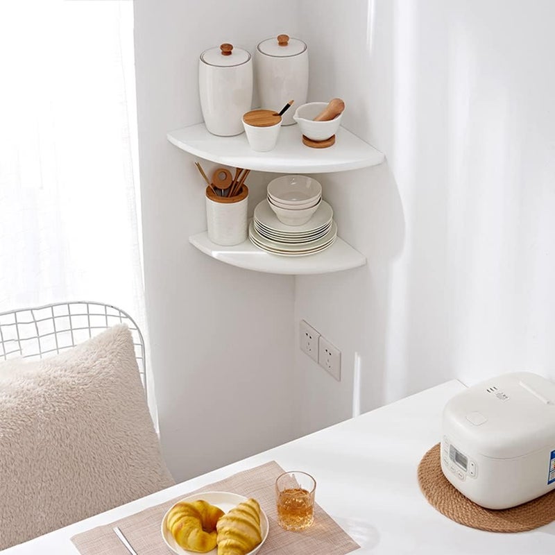 Conamily Corner Shelf, White Solid Oak Wood Floating Corner Shelves Wall Mount Round End Floating Speaker Rack Display Shelf for Small Plant Photo Frame (White, 7in) - Image 2