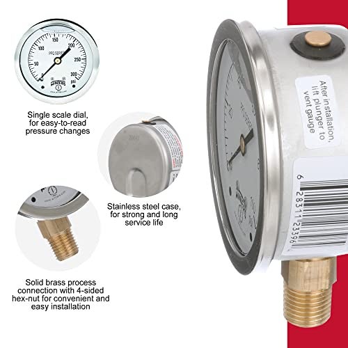 Winters Instruments Winters 2-1/2" Dial Size, Liquid Filled Industrial Pressure Gauge, Brass Internals, 304 Stainless Steel Case, Single Scale 0-300 psi, 1.5% Acc, 1/4" NPT Bottom Mount, Glycerin Filled Pressure Gauge - Image 5