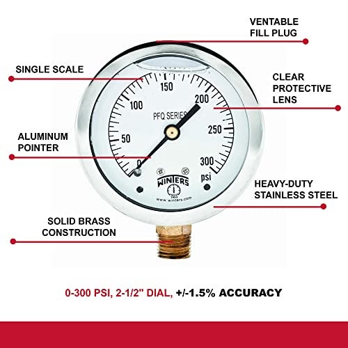 Winters Instruments Winters 2-1/2" Dial Size, Liquid Filled Industrial Pressure Gauge, Brass Internals, 304 Stainless Steel Case, Single Scale 0-300 psi, 1.5% Acc, 1/4" NPT Bottom Mount, Glycerin Filled Pressure Gauge - Image 4