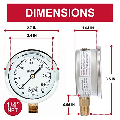 Winters Instruments Winters 2-1/2" Dial Size, Liquid Filled Industrial Pressure Gauge, Brass Internals, 304 Stainless Steel Case, Single Scale 0-300 psi, 1.5% Acc, 1/4" NPT Bottom Mount, Glycerin Filled Pressure Gauge - Image 3