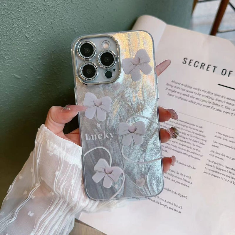 Fashionable Feather Yarn Bow iPhone 16 Pro Max Phone Case Apple 15 Color Silver Ins Style 14 Electroplated Hard Case - Image 3