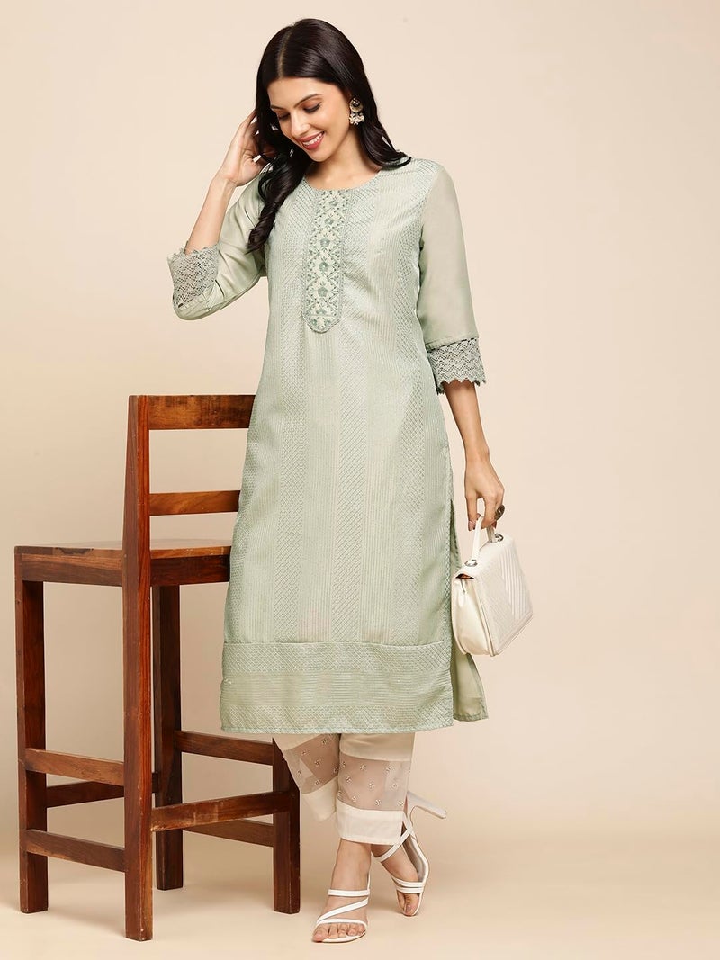 RATAN Women's Art Silk Straight Lucknowi Chikankari Ethnic Wear Kurta (FIZA-807-Large_Grey), Regular Fit - Image 4