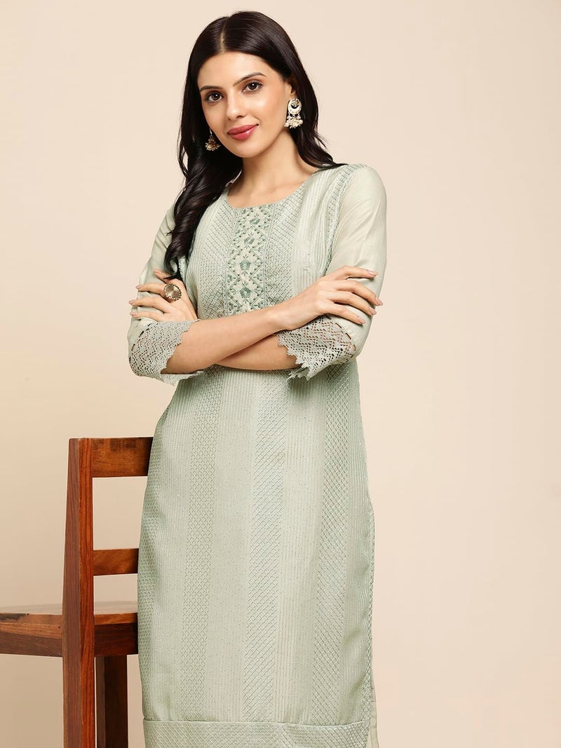 RATAN Women's Art Silk Straight Lucknowi Chikankari Ethnic Wear Kurta (FIZA-807-Large_Grey), Regular Fit - Image 5