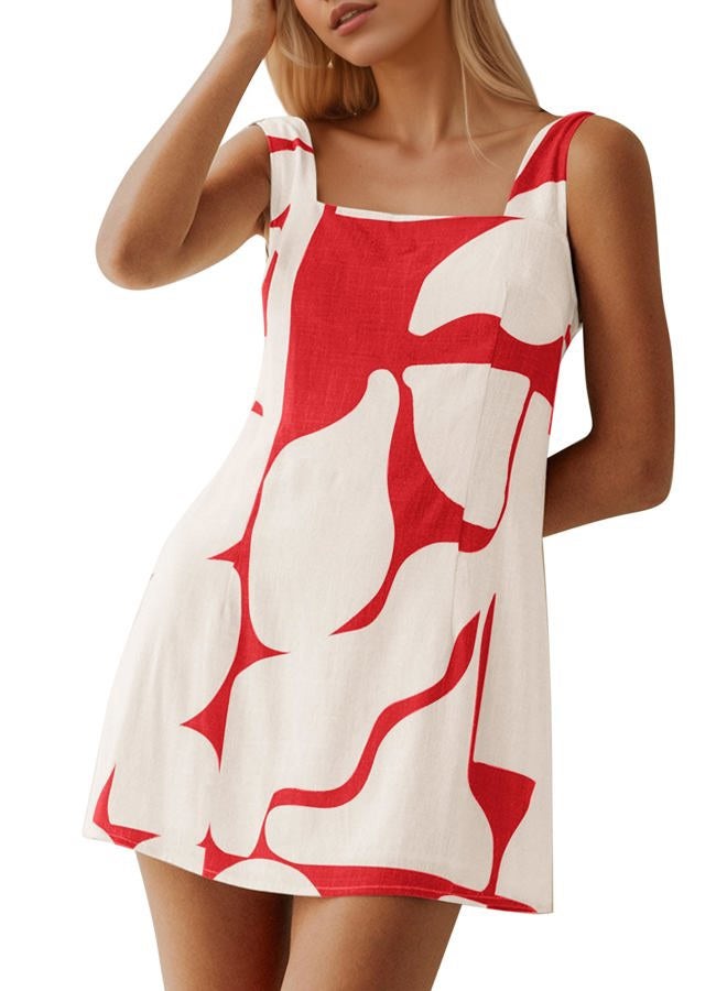 MISSACTIVER Women Sleeveless Linen Mini Dress Print Backless Square Neck Tank Dress Boho Vacation Sundress Shift Dresses, Red, M - Image 1