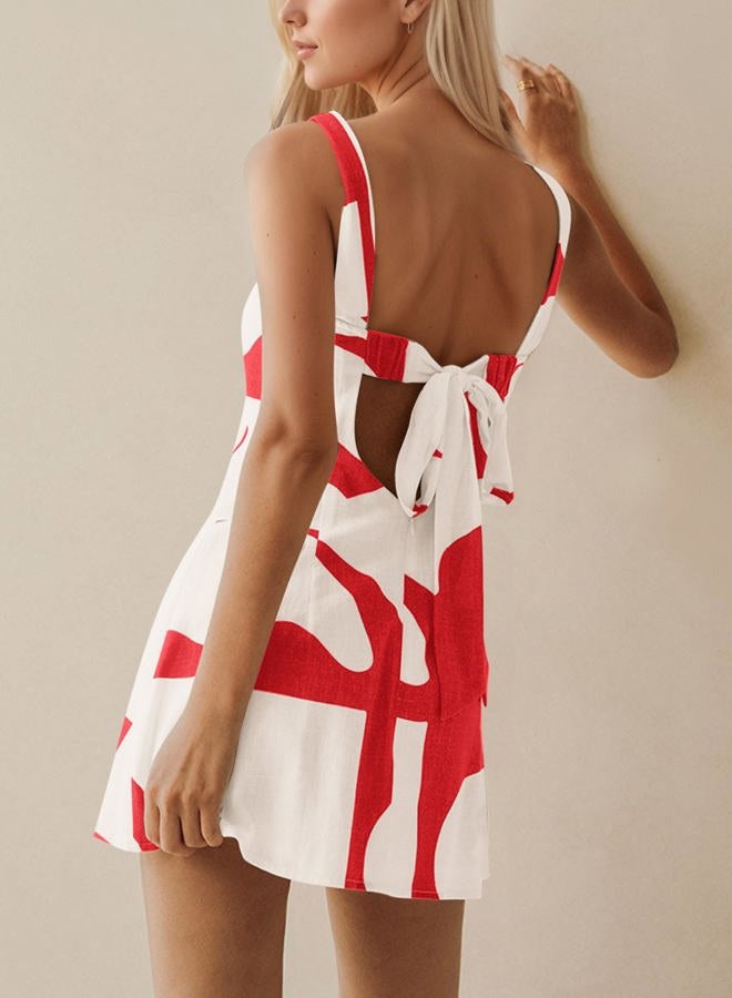MISSACTIVER Women Sleeveless Linen Mini Dress Print Backless Square Neck Tank Dress Boho Vacation Sundress Shift Dresses, Red, M - Image 2