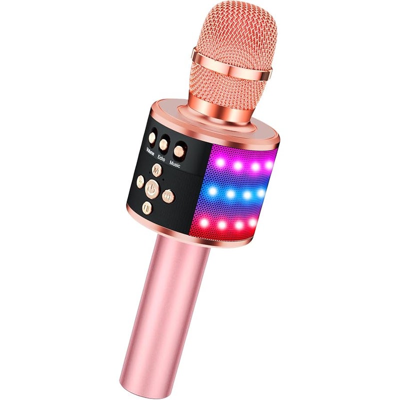 BONAOK Wireless Bluetooth Karaoke Microphone with Controllable LED Lights Portable Handheld Karaoke Speaker Machine Christmas Birthday Home Party for Android/iPhone/PC or All Smartphone(Q78Rose Gold) - Image 1