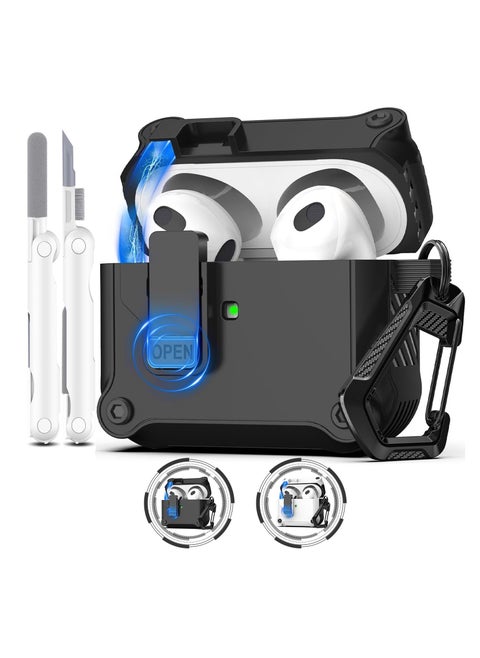 Compatible with AirPods 4 Case Cover for Women and Men, Automatic Snap Switch Security Locking Cover for Airpods 4th Generation 2024 Cases with Cleaner Kit and Keychain Front LED Visible Black