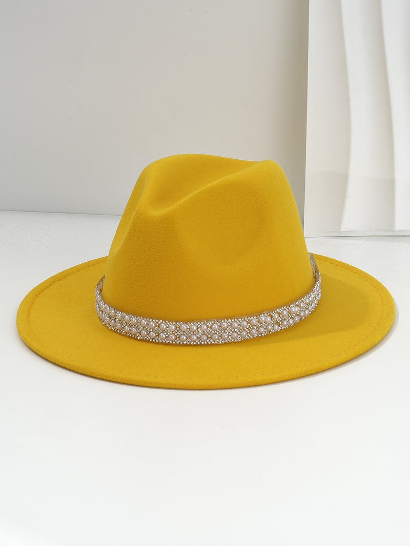 Men'S And Women'S French Felt Topper Hat Wide Accessories Blue Pearl Gem Rhinestone Belt Retro Jazz Hat Bridesmaid Wedding - Image 1