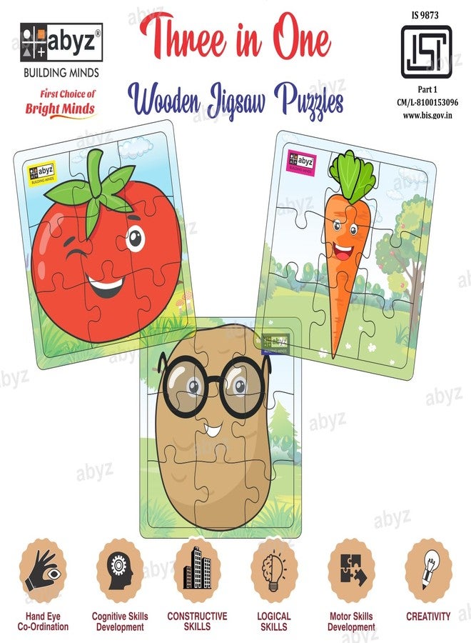 ABYZ Wooden Jigsaw Puzzle - Vegetable | Tomato, Potato, Carrot| Playset for Fun Educational & Little Explorers, 9-Pieces & Set of 3 Multicolor | Birthday Gift for (3 Plus Years) Age Kids. - Image 3