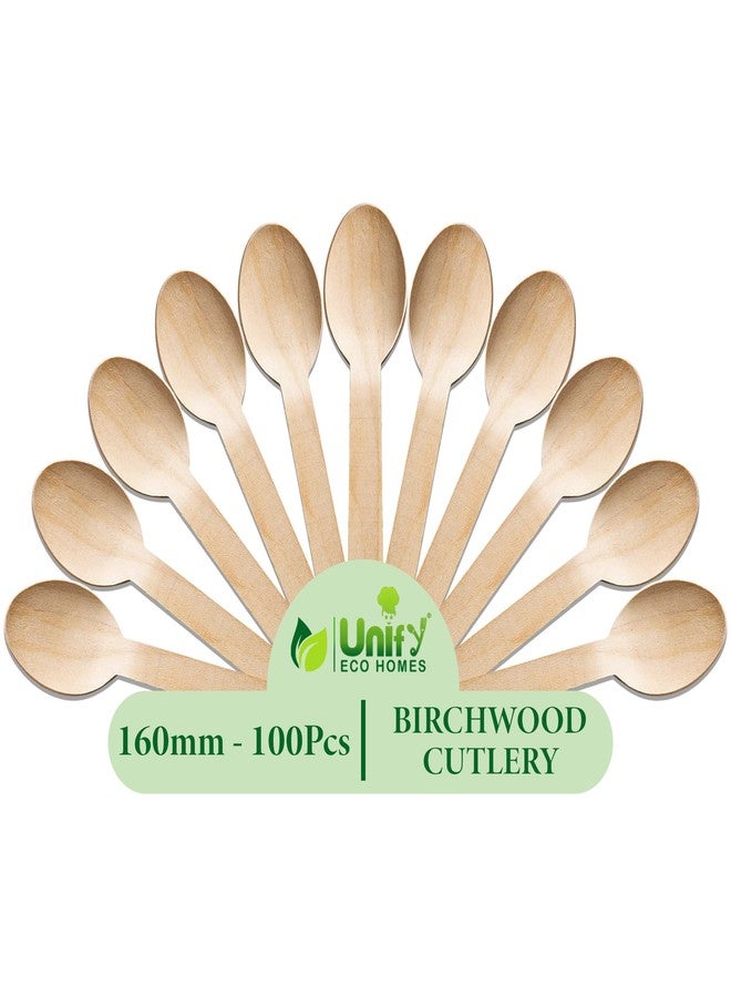 UNIFY EcoHomes 160mm, 100 Pack Disposable Spoons Set | Wooden Cutlery Ideal for Birthday, Wedding & Party | Eco- Friendly, Biodegradable, Compostable Cutlery - Image 1