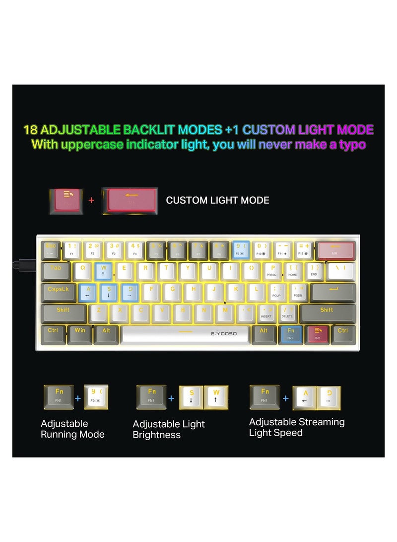 E-YOOSO Z-11 60% Mechanical Gaming Keyboard,Blue Switch 61 Keys Wired Compact Keyboard,Yellow Backlit and Metal Panel for Windows,Mac OS-White Grey - Image 3