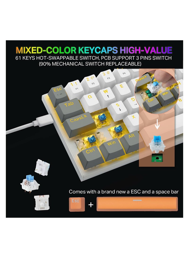 E-YOOSO Z-11 60% Mechanical Gaming Keyboard,Blue Switch 61 Keys Wired Compact Keyboard,Yellow Backlit and Metal Panel for Windows,Mac OS-White Grey - Image 2