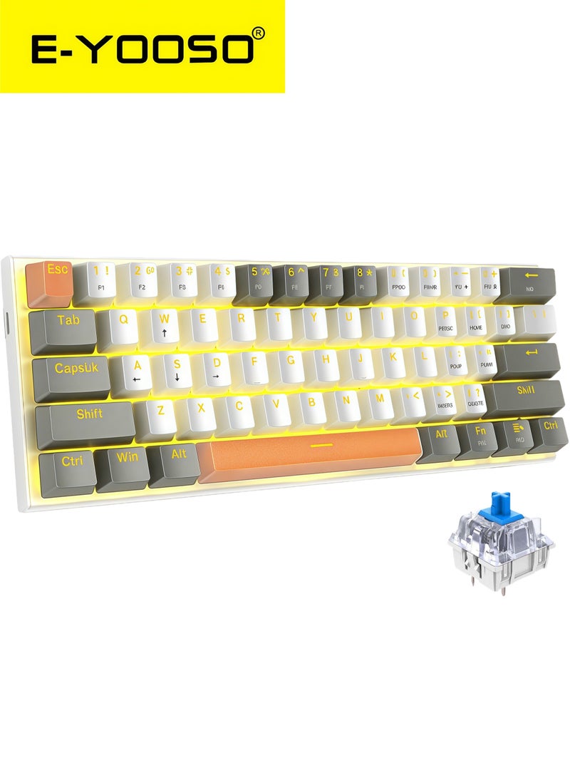 E-YOOSO Z-11 60% Mechanical Gaming Keyboard,Blue Switch 61 Keys Wired Compact Keyboard,Yellow Backlit and Metal Panel for Windows,Mac OS-White Grey - Image 1