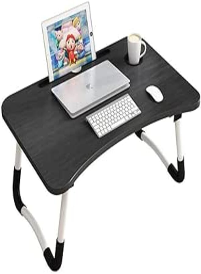 Folding Multi-Function Laptop Table,15.7â€ Tray Kids Writing Tablet with Ipad Holder/Cup Slot/Adjustable Anti-Slip Legs for Indoor Study Eating Reading or Watch Movies on Bed(Black