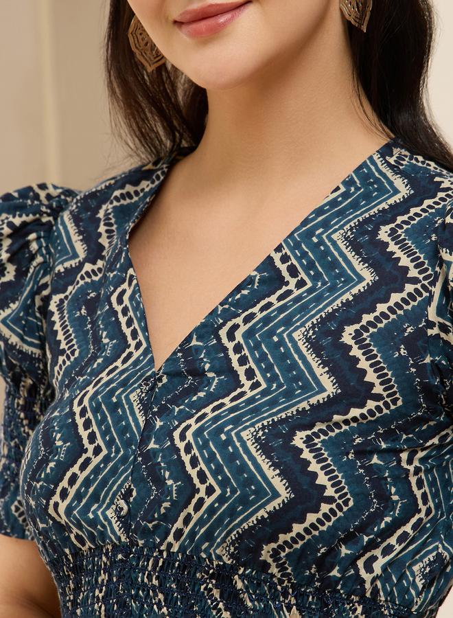 globus Navy Blue Geometric Print Smocked Maxi Dress with Puff Sleeves - Image 4