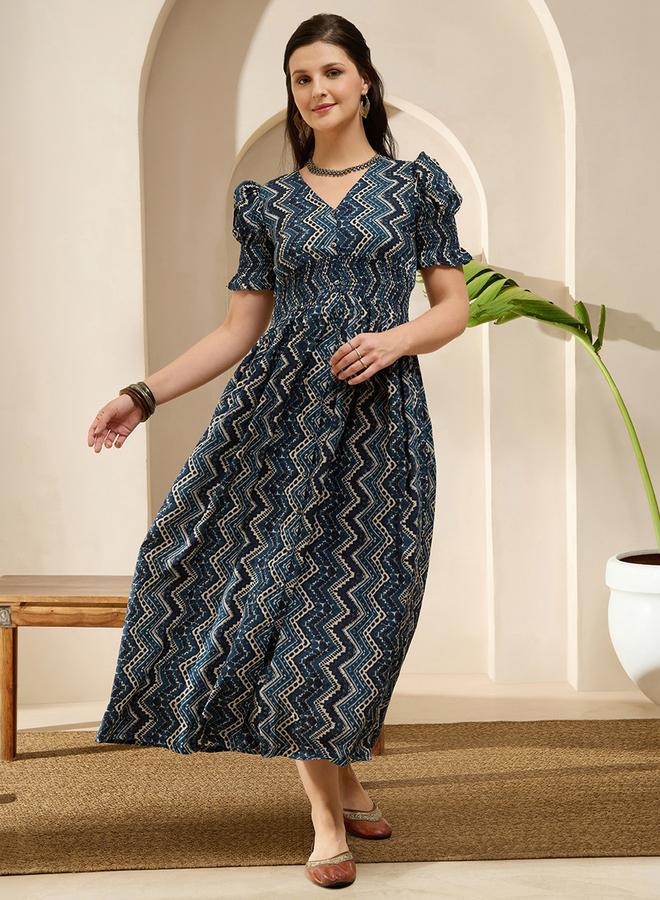 globus Navy Blue Geometric Print Smocked Maxi Dress with Puff Sleeves - Image 1
