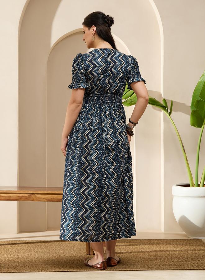 globus Navy Blue Geometric Print Smocked Maxi Dress with Puff Sleeves - Image 3