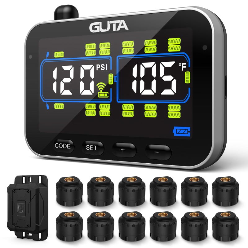 GUTA Trailer Tire Pressure Monitoring System RV Tire Pressure Monitor with 12 Sensors 6 Alert Modes Signal Booster Large Color Display Long Sensing Distance 0188PSI TPMS for RV Trailer Semi
