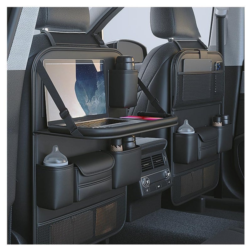 Primst 2 Pack Leather Car Backseat Organizer with Foldable Table Tray Car Storage Organizer with Tablet Holder Car Seat Back Protectors Kick Mats Travel Accessories