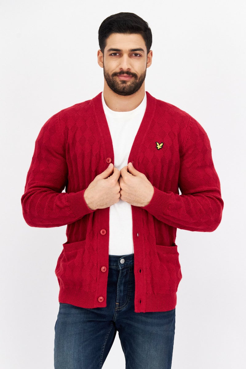 Lyle & Scott Men V-Neck Long Sleeve Embroidered Logo Cardigans, Red  - Image 1