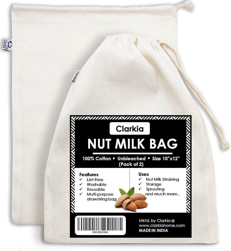 Clarkia Cotton Drawstring Nut Milk Bag Unbleached (10X12 Inch, White) - 2 Piece Off-White - Image 1